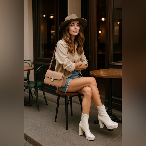 Guess BYRA Women’s Platform Block Heel Ankle Boots Ivory Patent, Size 9.5M NWB - Picture 2 of 11